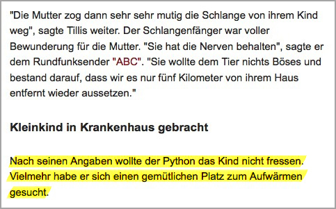 Nach seinen Angaben wollte der Python das Kind nicht fressen